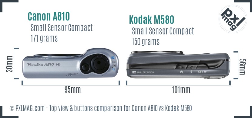Canon A810 vs Kodak M580 top view buttons comparison