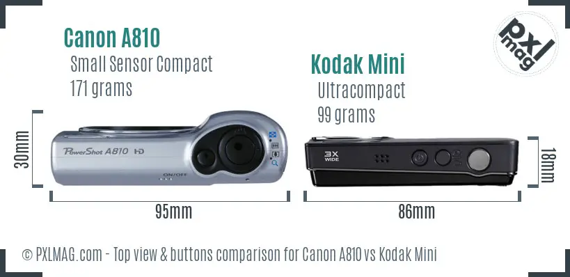 Canon A810 vs Kodak Mini top view buttons comparison