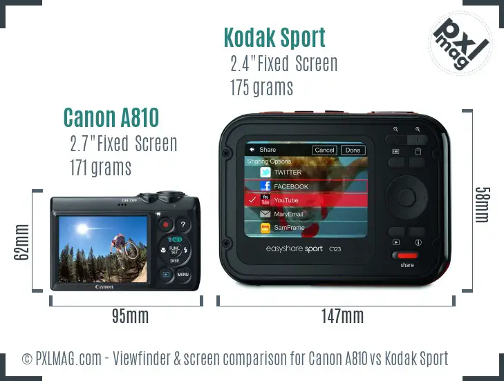 Canon A810 vs Kodak Sport Screen and Viewfinder comparison