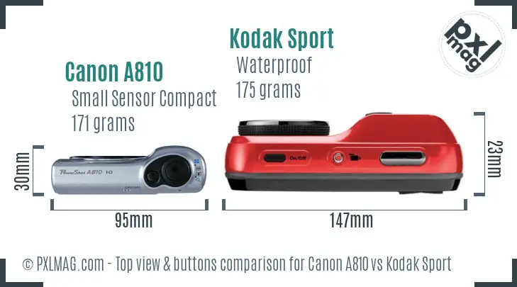 Canon A810 vs Kodak Sport top view buttons comparison
