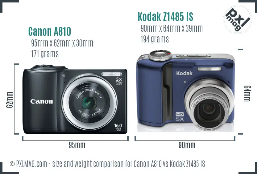 Canon A810 vs Kodak Z1485 IS size comparison