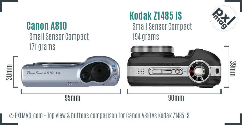 Canon A810 vs Kodak Z1485 IS top view buttons comparison