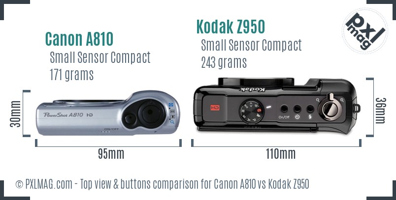 Canon A810 vs Kodak Z950 top view buttons comparison