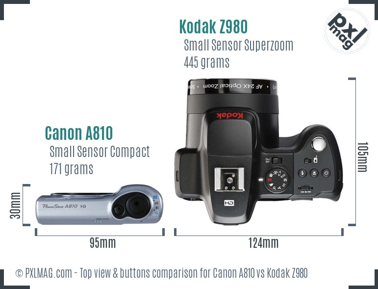 Canon A810 vs Kodak Z980 top view buttons comparison