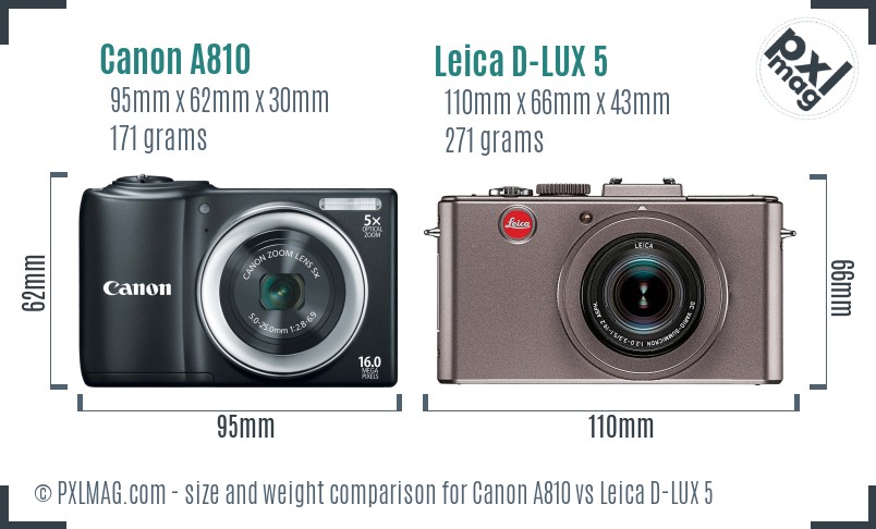 Canon A810 vs Leica D-LUX 5 size comparison