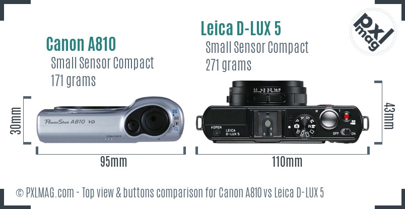 Canon A810 vs Leica D-LUX 5 top view buttons comparison