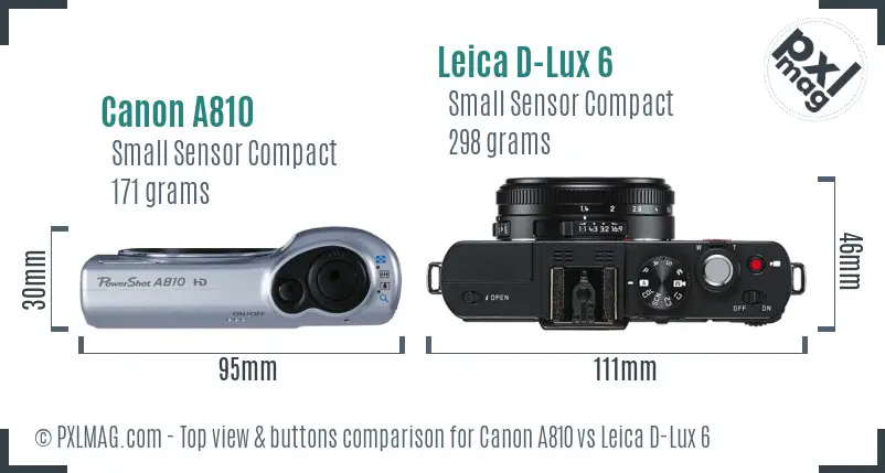 Canon A810 vs Leica D-Lux 6 top view buttons comparison Canon A810 vs Leica D-Lux 6 top view buttons comparison