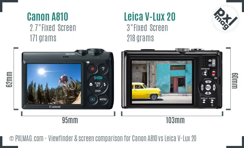 Canon A810 vs Leica V-Lux 20 Screen and Viewfinder comparison