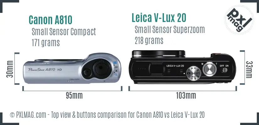 Canon A810 vs Leica V-Lux 20 top view buttons comparison