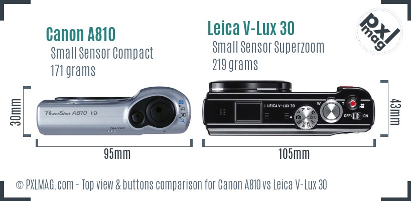 Canon A810 vs Leica V-Lux 30 top view buttons comparison