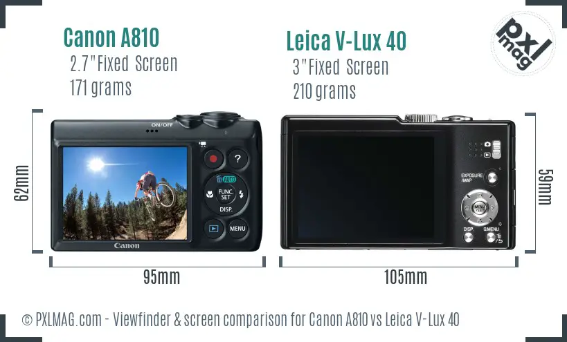 Canon A810 vs Leica V-Lux 40 Screen and Viewfinder comparison