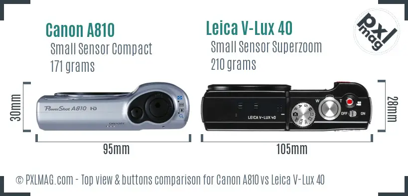 Canon A810 vs Leica V-Lux 40 top view buttons comparison