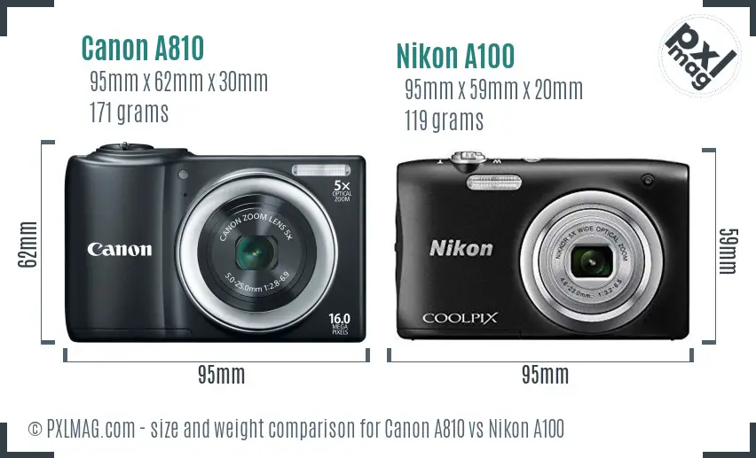 Canon A810 vs Nikon A100 size comparison