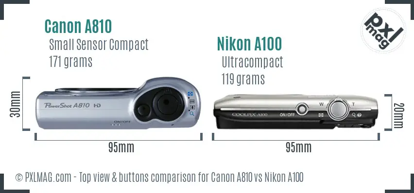 Canon A810 vs Nikon A100 top view buttons comparison
