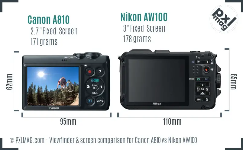 Canon A810 vs Nikon AW100 Screen and Viewfinder comparison