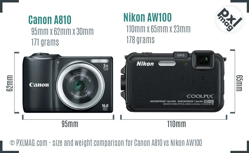 Canon A810 vs Nikon AW100 size comparison