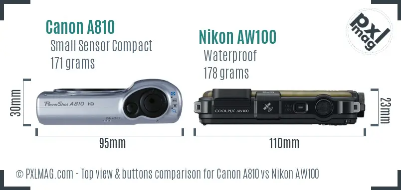 Canon A810 vs Nikon AW100 top view buttons comparison