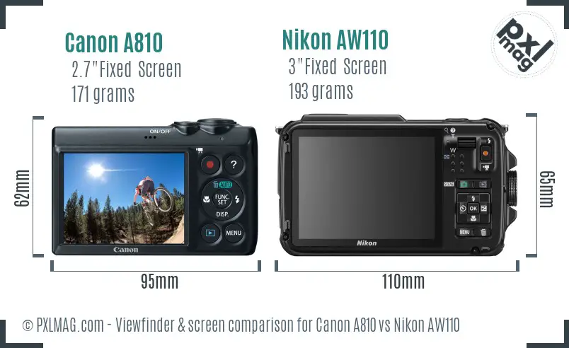 Canon A810 vs Nikon AW110 Screen and Viewfinder comparison