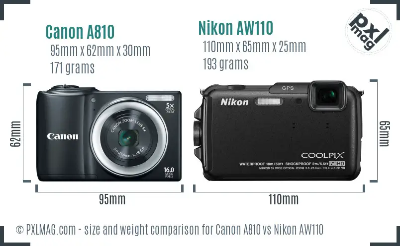 Canon A810 vs Nikon AW110 size comparison