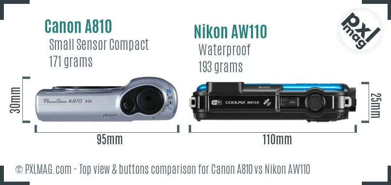 Canon A810 vs Nikon AW110 top view buttons comparison