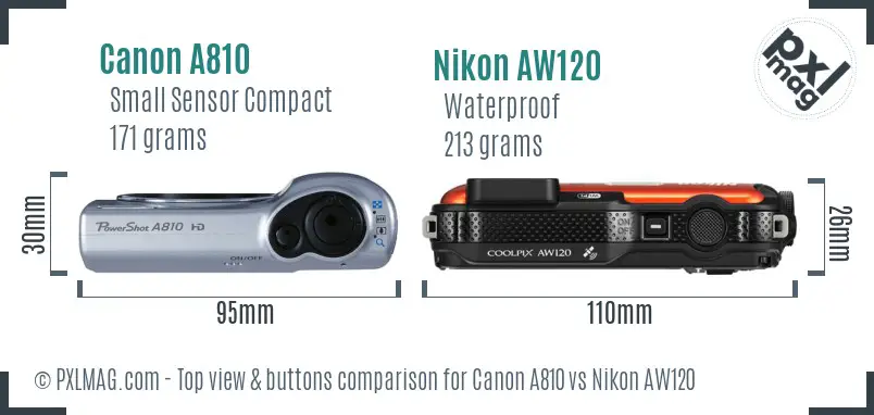 Canon A810 vs Nikon AW120 top view buttons comparison Canon A810 vs Nikon AW120 top view buttons comparison