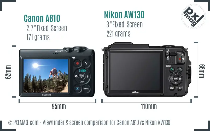 Canon A810 vs Nikon AW130 Screen and Viewfinder comparison