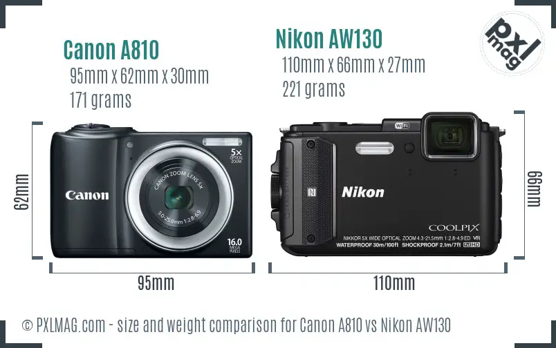 Canon A810 vs Nikon AW130 size comparison