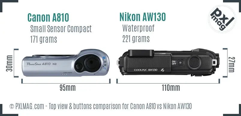Canon A810 vs Nikon AW130 top view buttons comparison