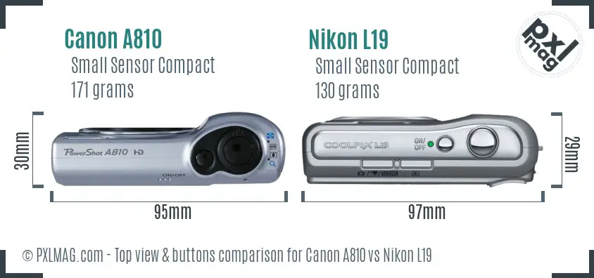 Canon A810 vs Nikon L19 top view buttons comparison