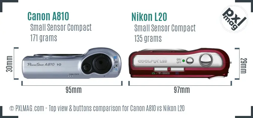 Canon A810 vs Nikon L20 top view buttons comparison Canon A810 vs Nikon L20 top view buttons comparison
