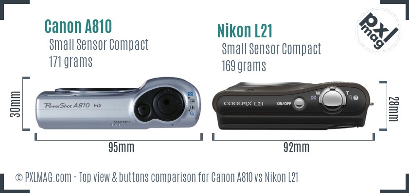 Canon A810 vs Nikon L21 top view buttons comparison