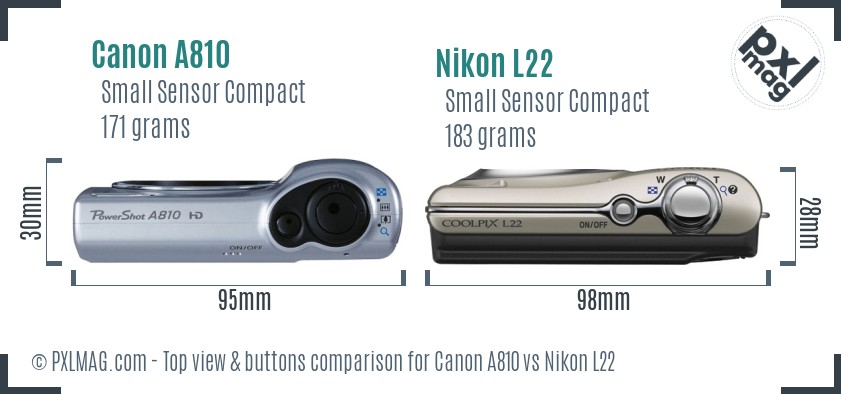 Canon A810 vs Nikon L22 top view buttons comparison