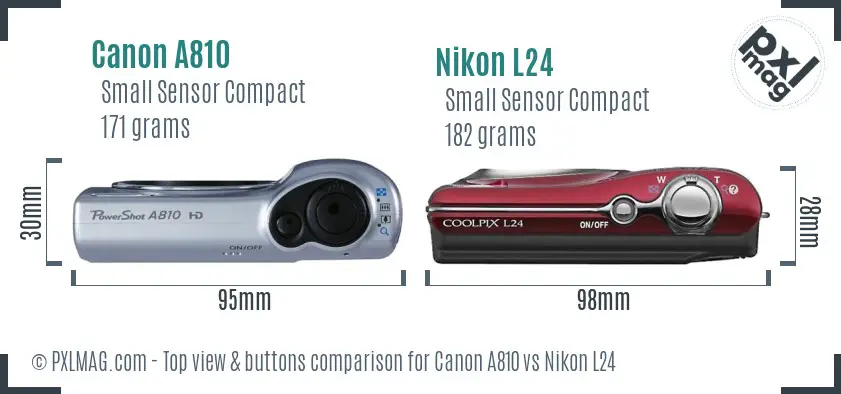 Canon A810 vs Nikon L24 top view buttons comparison