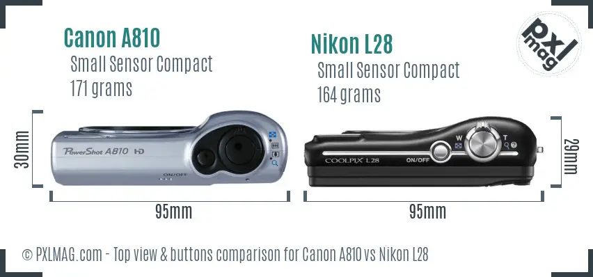 Canon A810 vs Nikon L28 top view buttons comparison