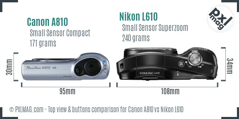 Canon A810 vs Nikon L610 top view buttons comparison
