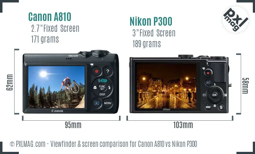 Canon A810 vs Nikon P300 Screen and Viewfinder comparison