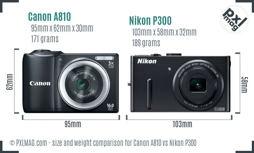 Canon A810 vs Nikon P300 size comparison