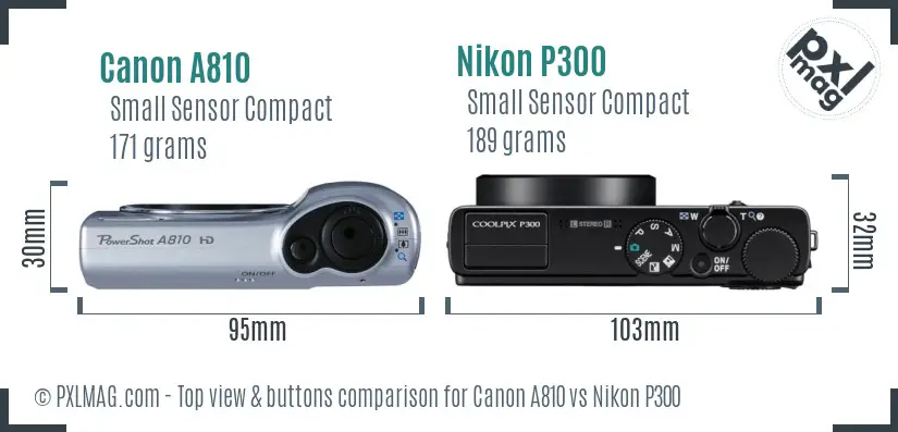 Canon A810 vs Nikon P300 top view buttons comparison