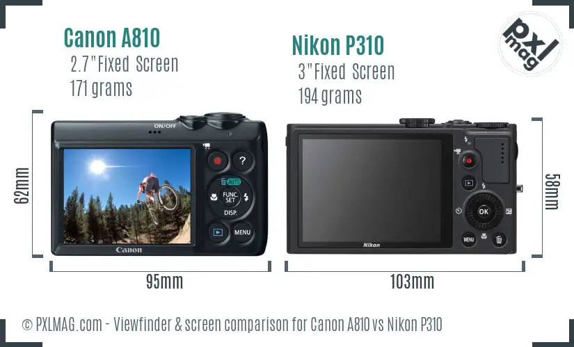 Canon A810 vs Nikon P310 Screen and Viewfinder comparison