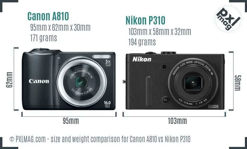 Canon A810 vs Nikon P310 size comparison