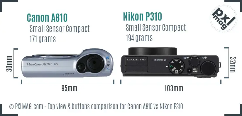 Canon A810 vs Nikon P310 top view buttons comparison