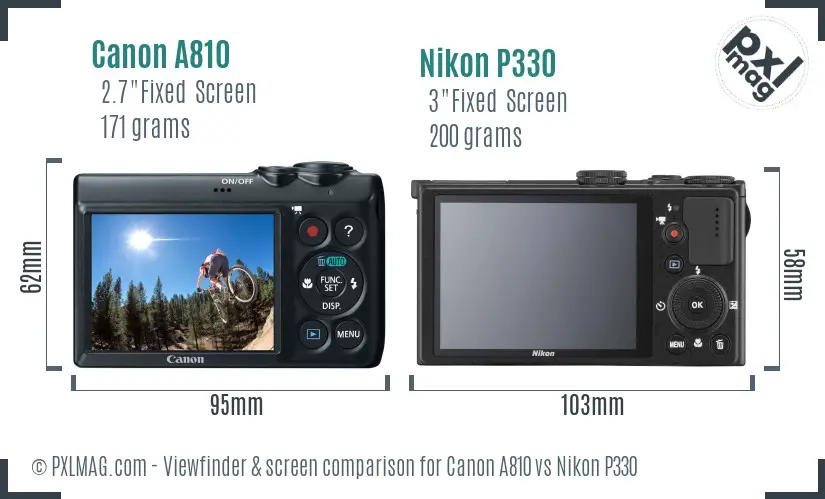 Canon A810 vs Nikon P330 Screen and Viewfinder comparison