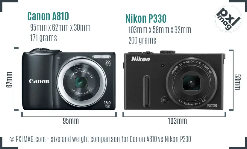 Canon A810 vs Nikon P330 size comparison