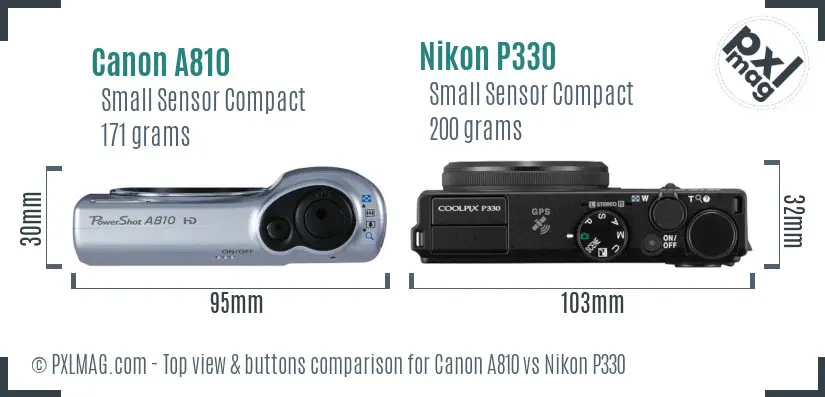 Canon A810 vs Nikon P330 top view buttons comparison