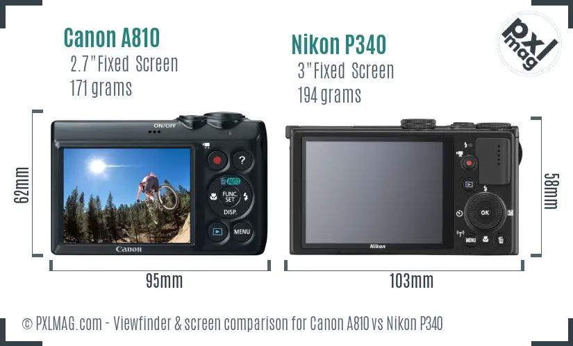 Canon A810 vs Nikon P340 Screen and Viewfinder comparison