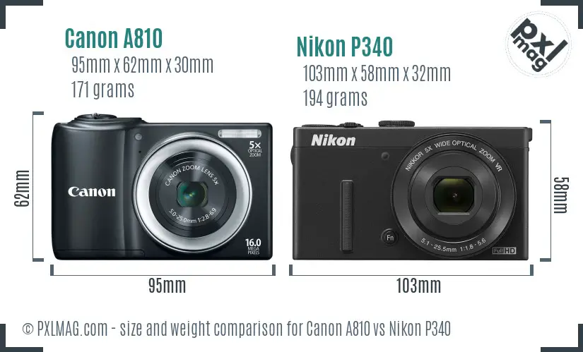 Canon A810 vs Nikon P340 size comparison