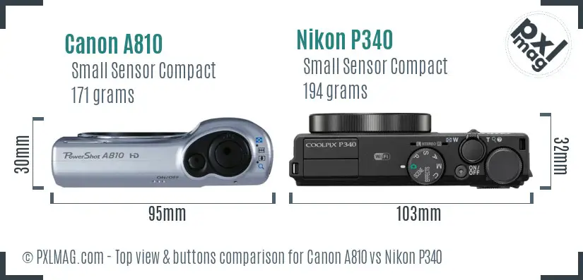 Canon A810 vs Nikon P340 top view buttons comparison