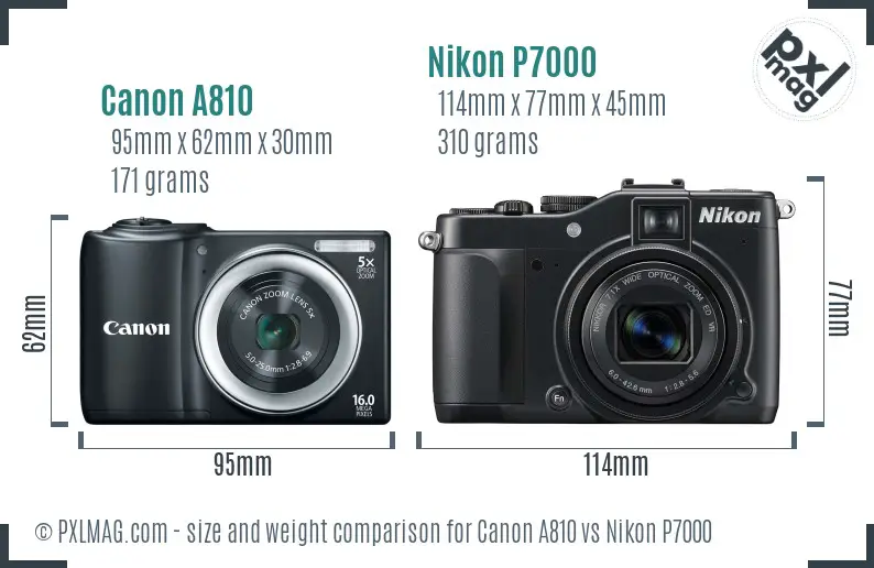 Canon A810 vs Nikon P7000 size comparison
