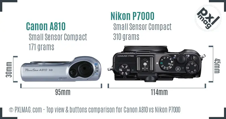 Canon A810 vs Nikon P7000 top view buttons comparison