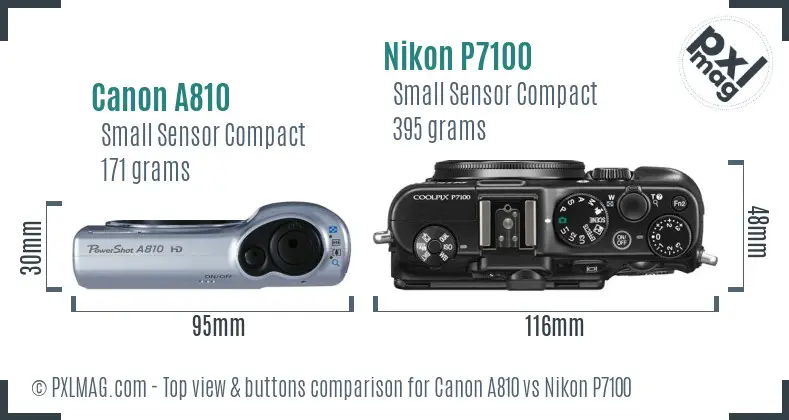 Canon A810 vs Nikon P7100 top view buttons comparison